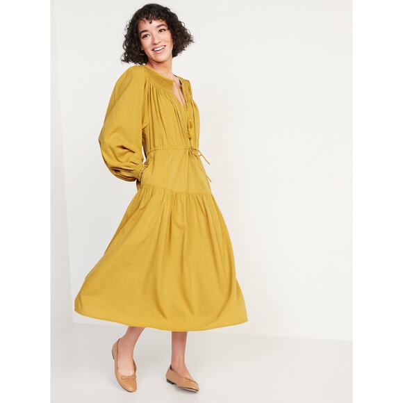NWT Old Navy Women's Waist-Defined Crinkle-Textured Midi Dress Celandine Size L - Picture 1 of 7
